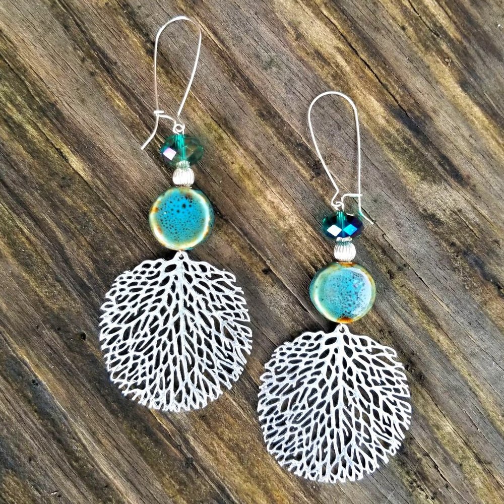 Artisan Hand Crafted Earrings Silver Leaf Teal Beaded Pierced - Picture 1 of 5
